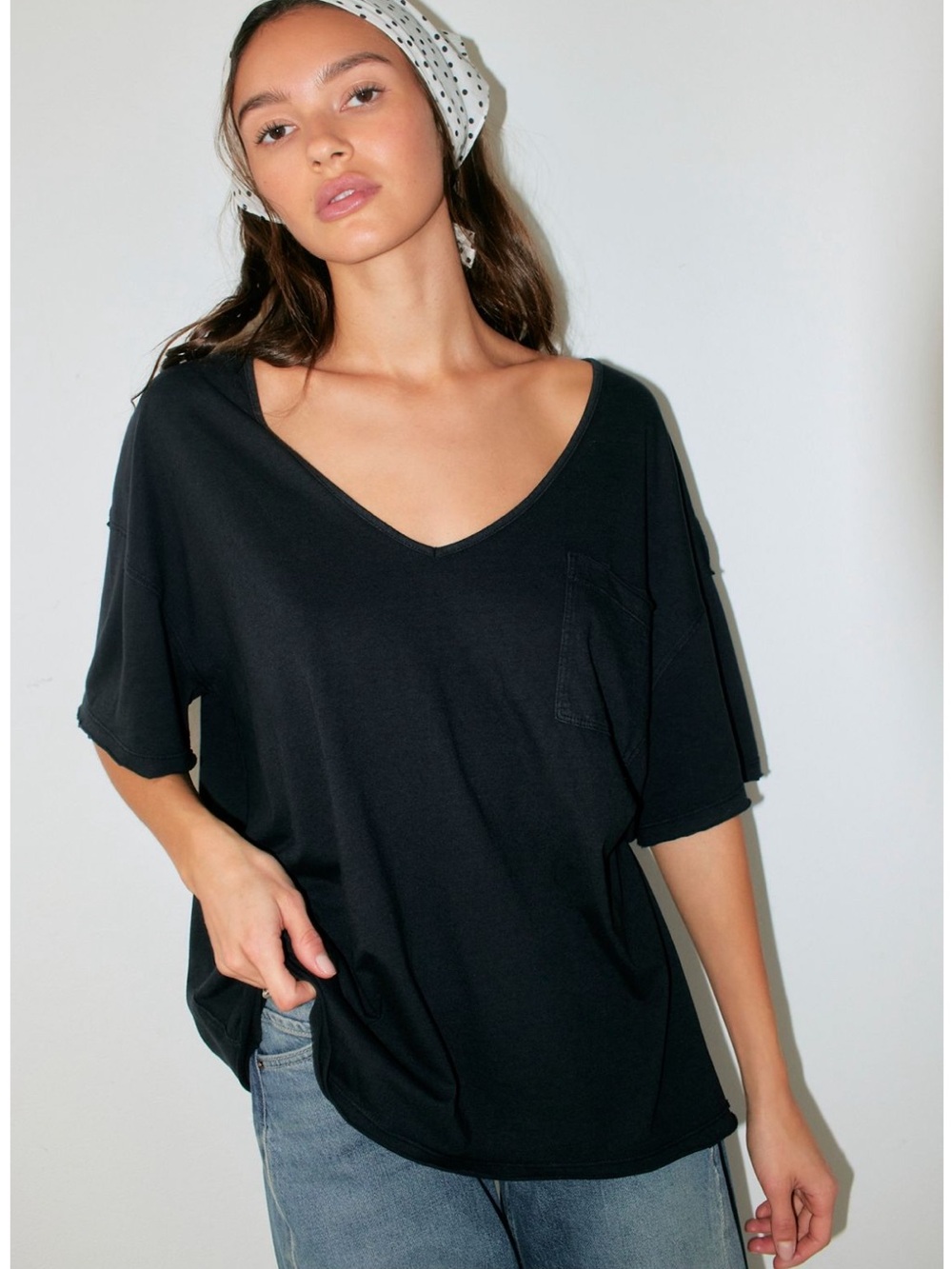 We The Free Black Erin v neck  Top with Cream Label